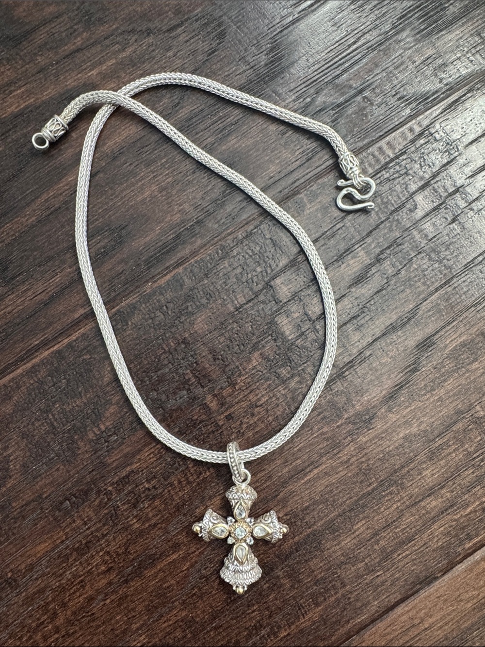 Barbara Bixby Cross Pendant Necklace Sterling Silver White Topaz 18k Gold
